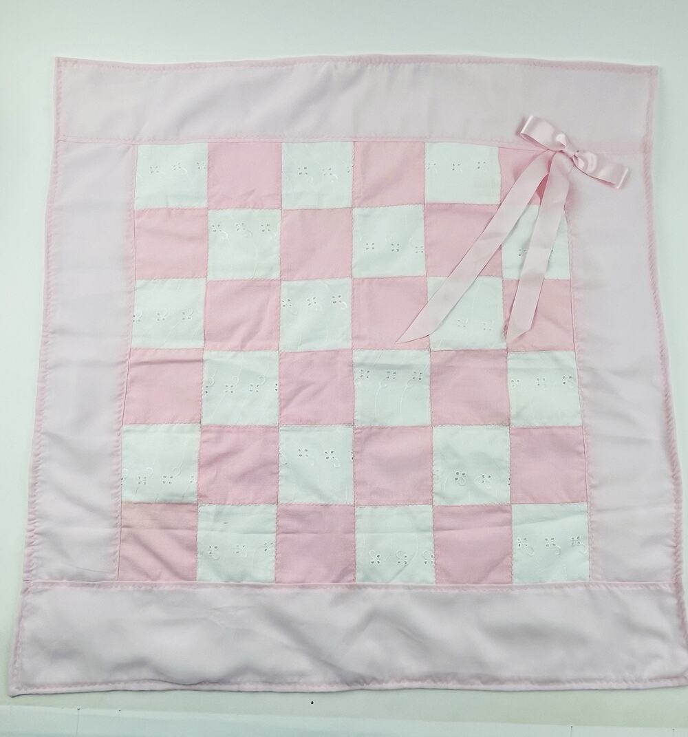 Pink Quilted Blanket Wall Hanging Handmade Country Cottage Baby Bow Eyelet Lace